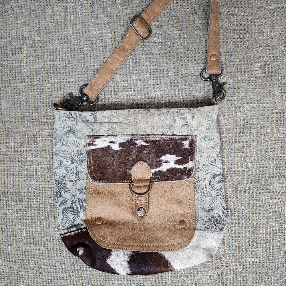 Myra Bag Tan, Brown & Cream Crossbody with Floral Canvas and Cowhide Accents